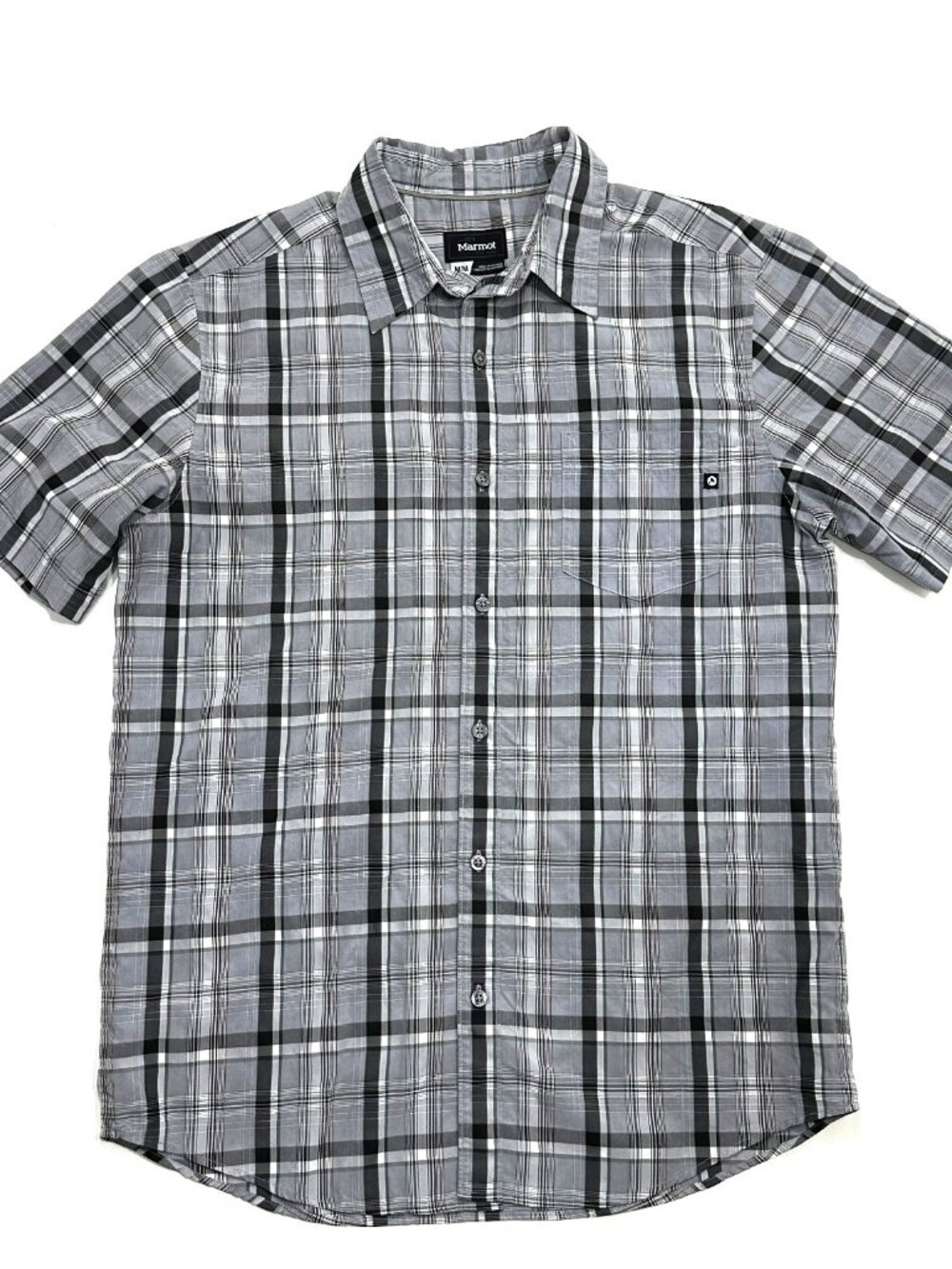 Marmot For Life Plaid Short Sleeve Button Up Shirt Mens Medium Gray Outdoor